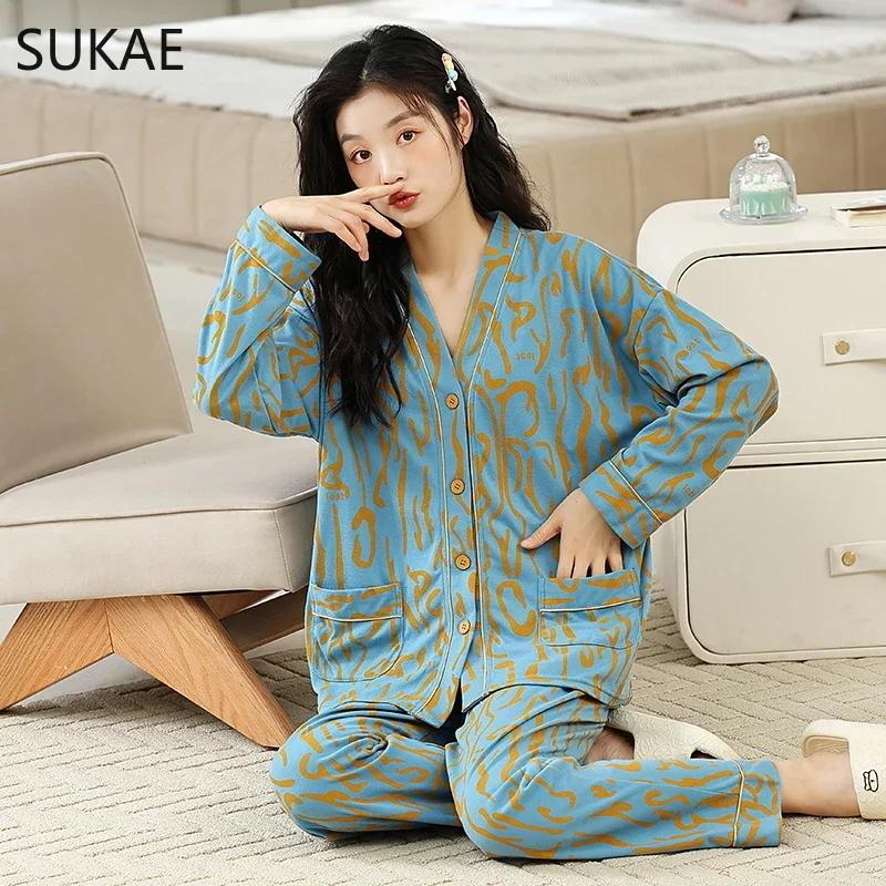 SUKAE New M-5XL Autumn Winter New Cotton Women Pajamas Lady Pijamas Set Loungewear Kimono Cardigan Long Sleeves V-neck Homesuit
