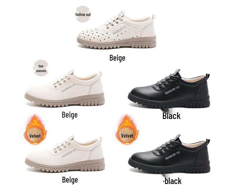 Women's Fleece-Lined White Leather Sneakers: Warm Winter Fashion - Soft Upper & Casual Style for Middle-Aged and Elderly.