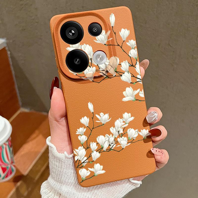 Simple Plant Floral Print TPU Matte Leather Texture Slim Phone Case For Xiaomi 13T Pro Poco X6 M6 Pro Redmi Note 14 Pro 13 12 11 Soft Shockproof Cover