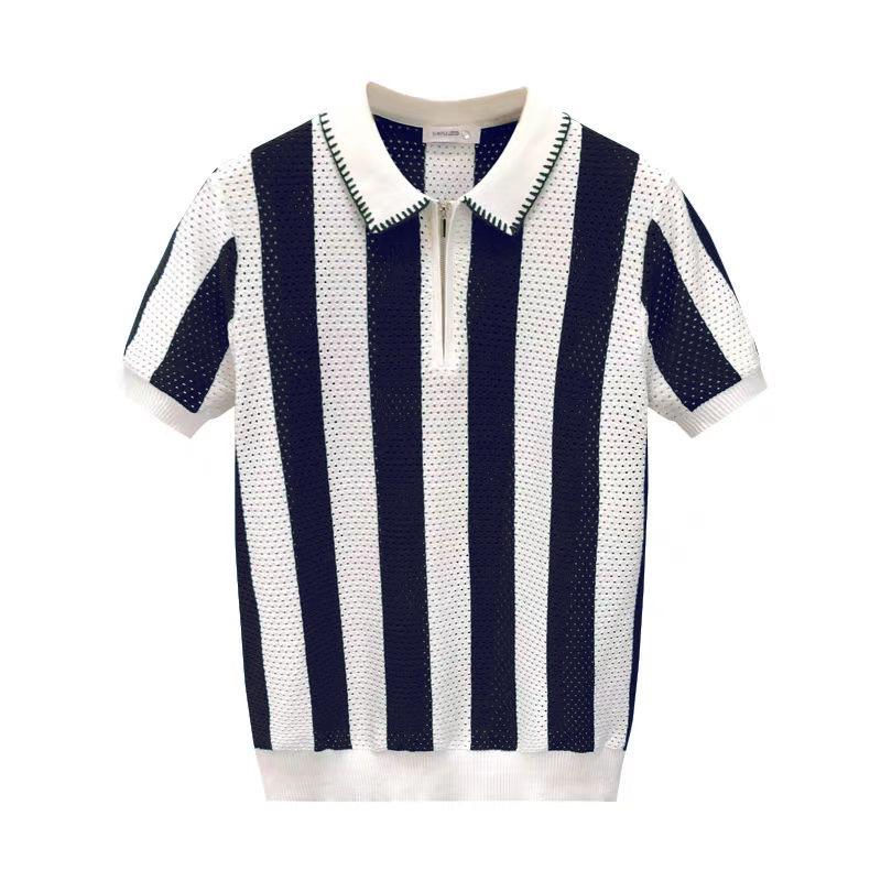 Men's Vintage Openwork Knit Half-Zip Polo Shirt, Short Sleeve, Trendy Royal Blue