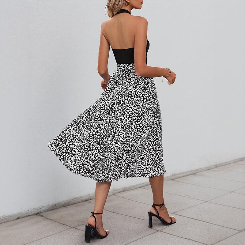 2025 new neck skirt simple and fashionable sleeveless black and white printing color matching dress
