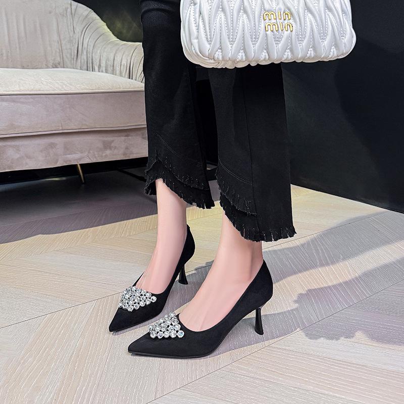 Pointed Pearl Rhinestone High Heels Women's Stiletto 7cm with Skirt Sexy 2025 New French Shallow Mouth Single Shoes