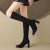 Pointed high-heeled boots women's 2025 new apricot suede elastic thin boots but knee thick-heeled high boots