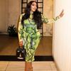 European and American Style Printed Celebrity Women's Clothing Waist Retro Hip Skirt High Neck Long Sleeve Green Autumn and Winter New Dress