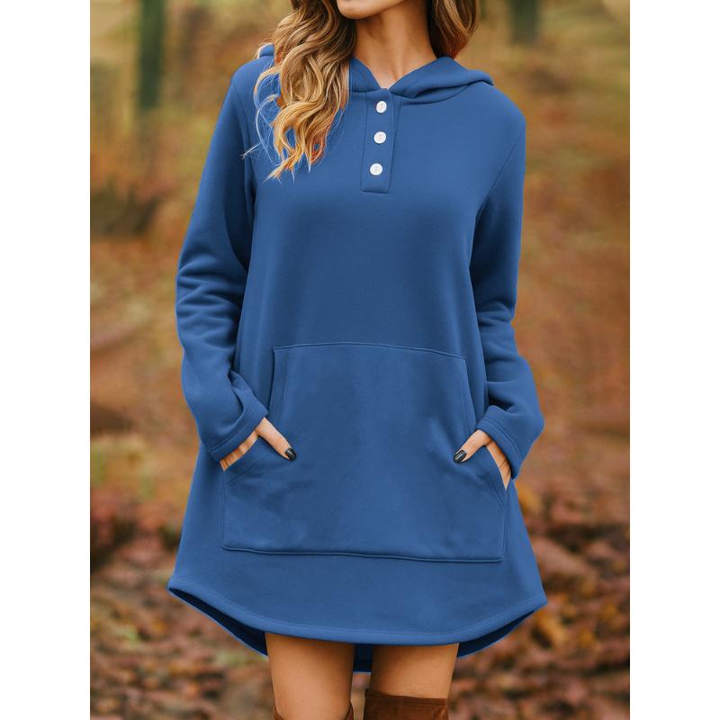 Autumn Winter New Style Women Casual Loose Fashion Solid Color Long Sleeve Pocket Pullover Hooded Sweatshirt