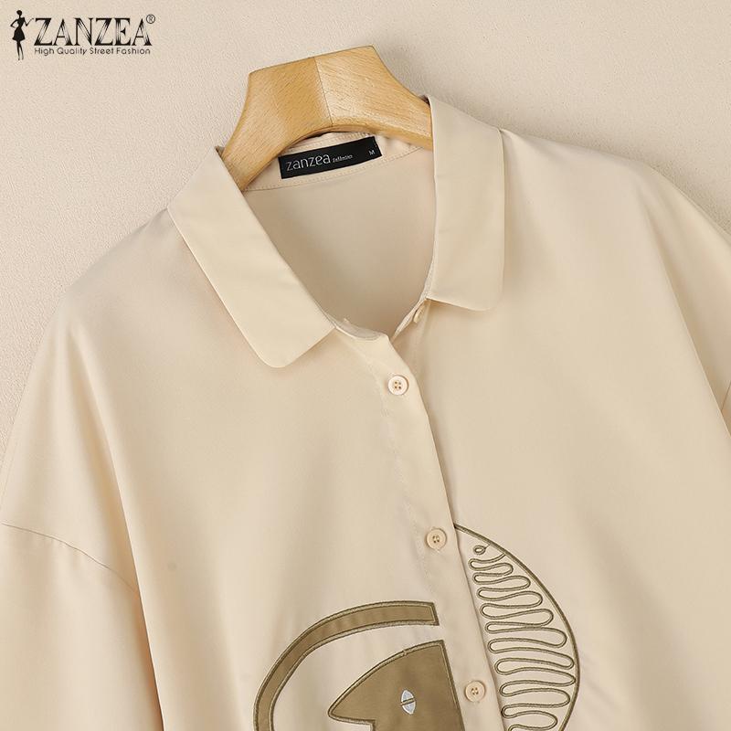 ZANZEA Damen Umlegekragen Locker Lässig Kurzarm Print Bluse