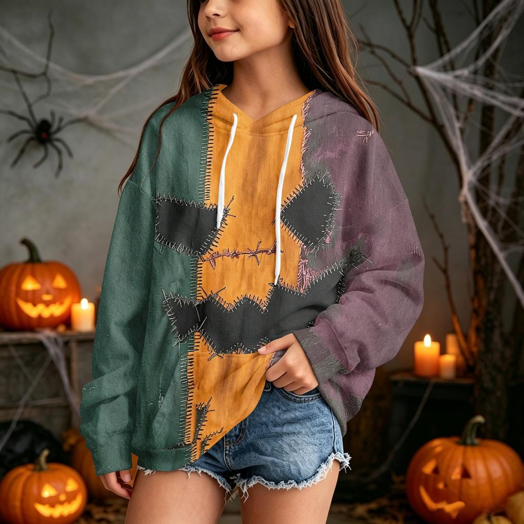 Kids Casual Hooded Sweatshirt with Halloween Print Pullover for Daily Wear