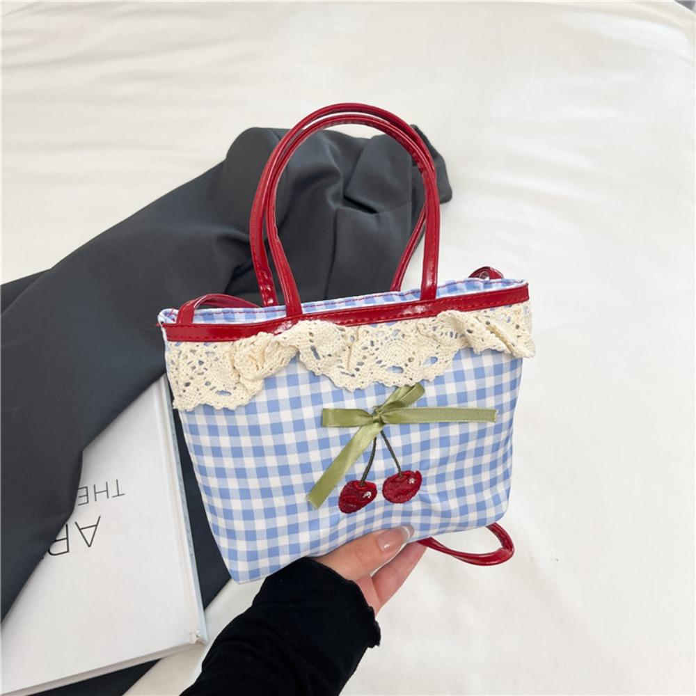 Polka Dot Lace Plaid Handbag Bowknot Sweet Crossbody Bag Portable Lattice Cherry Handbag  Students