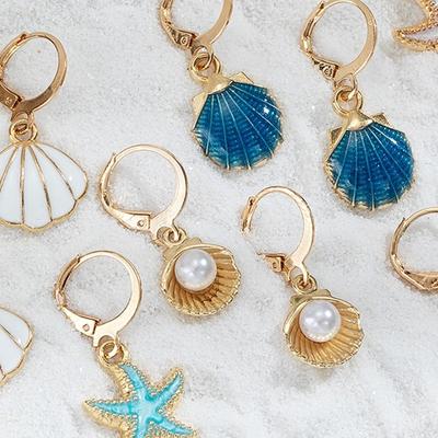 5 Pairs New Ocean Style Pendant Earrings Starfish Shell Alloy Drop Earrings Imitation Pearl Scallop Card Earrings