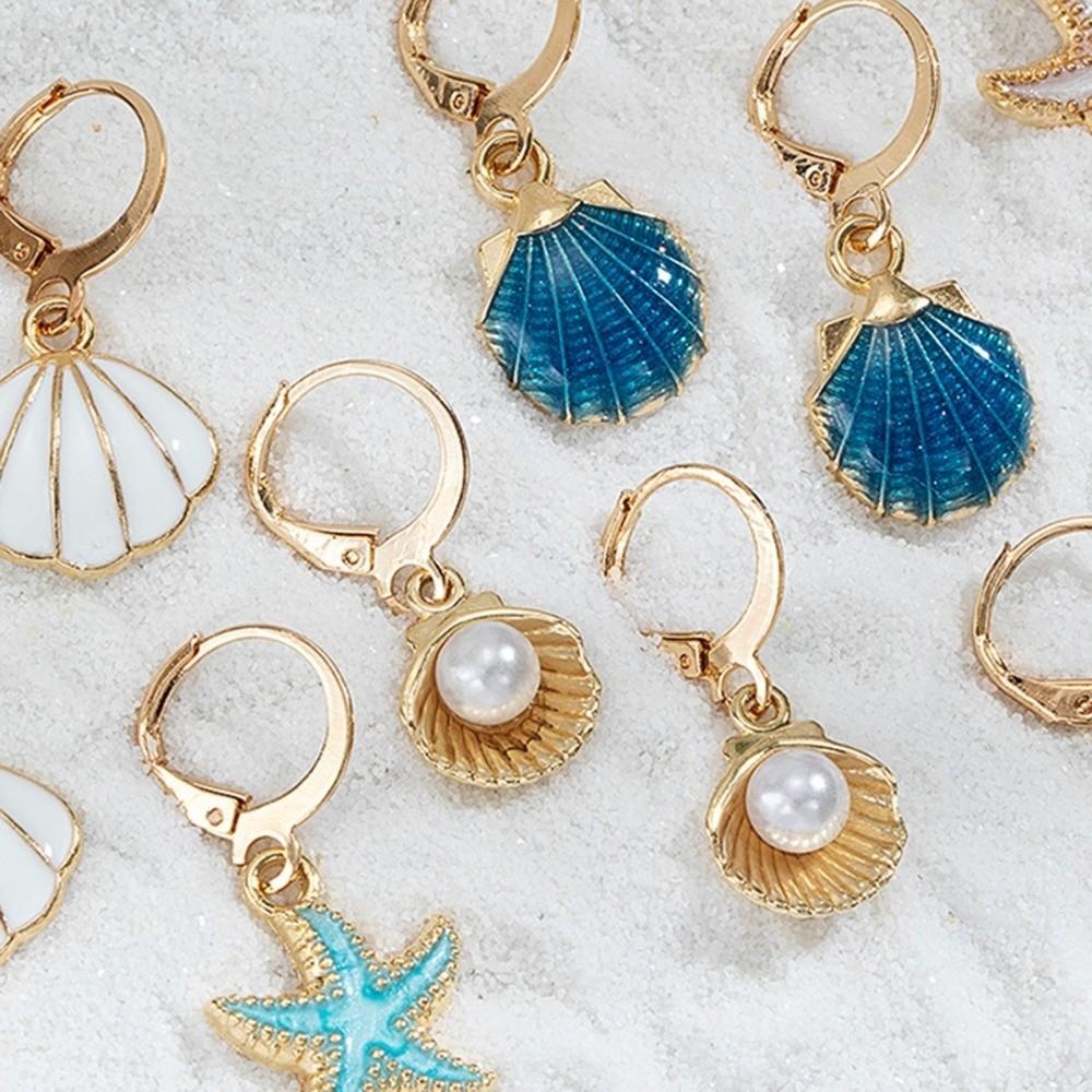 5 pairs New Ocean Style Pendant Earrings Starfish Shell Alloy Drop Earrings Imitation Pearl Scallop Card Earrings