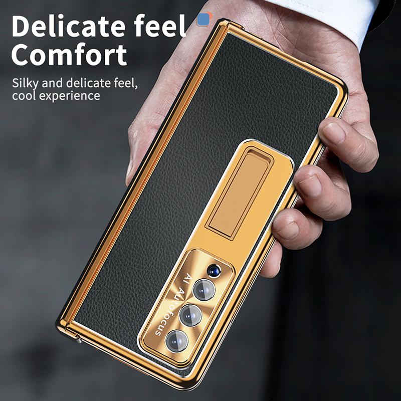 Ebesfous Leather Phone Cases For Samsung Galaxy Z Fold 4 Z Fold 3 5g Hidden Bracket 2 Hinge Cover Plating With S Pen Glass Case