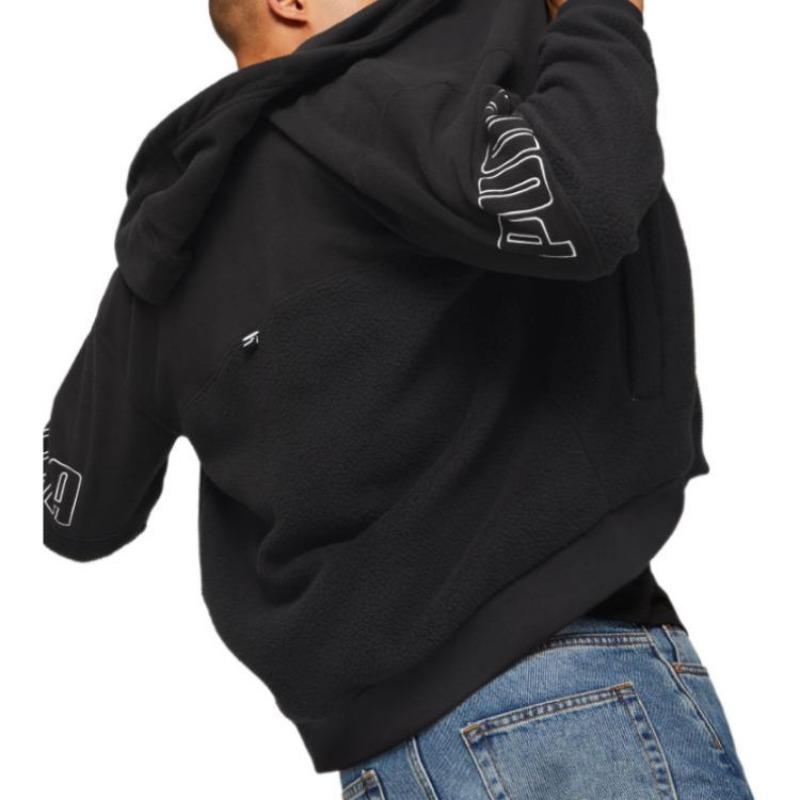 Puma Logo Print Hooded Full Zip Long Sleeve Sweatshirt Men Sweatshirt Black 672447-01