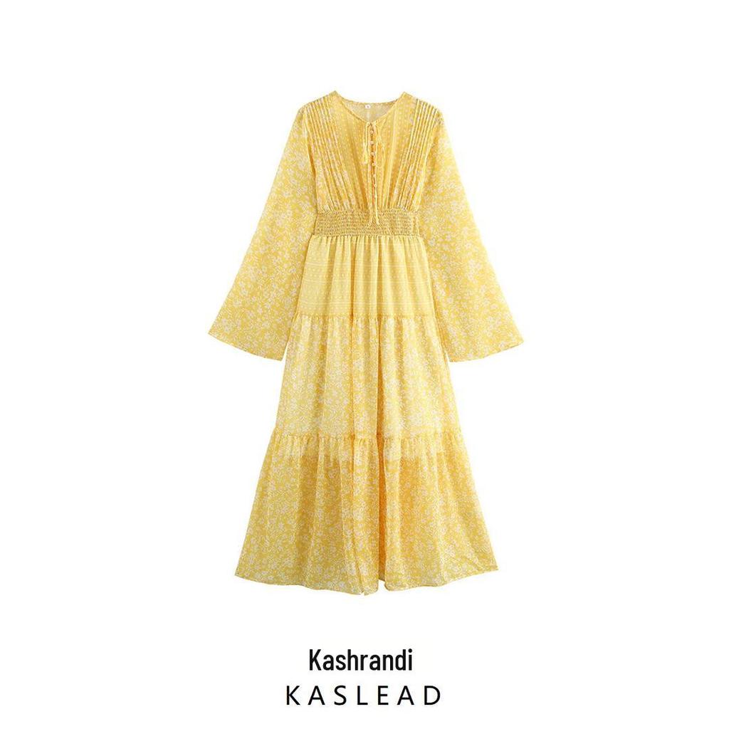 2025 Spring Women's European & American Style Floral Chiffon Long Sleeve Dress