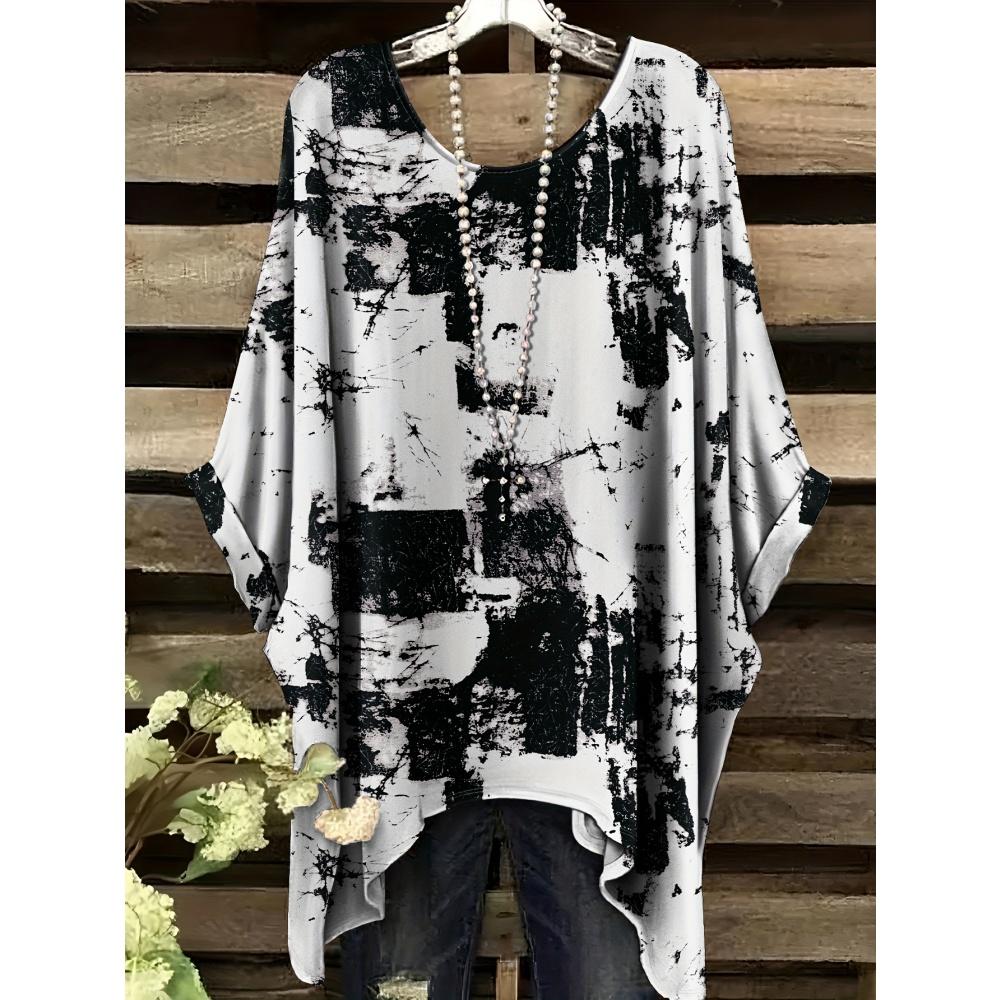 

Женская футболка Черно-белый принт с брызгами Градиентная футболка с узором Неровный подол Круглый вырез Повседневная С коротким рукавом Свободная Женская одежда 1XL
