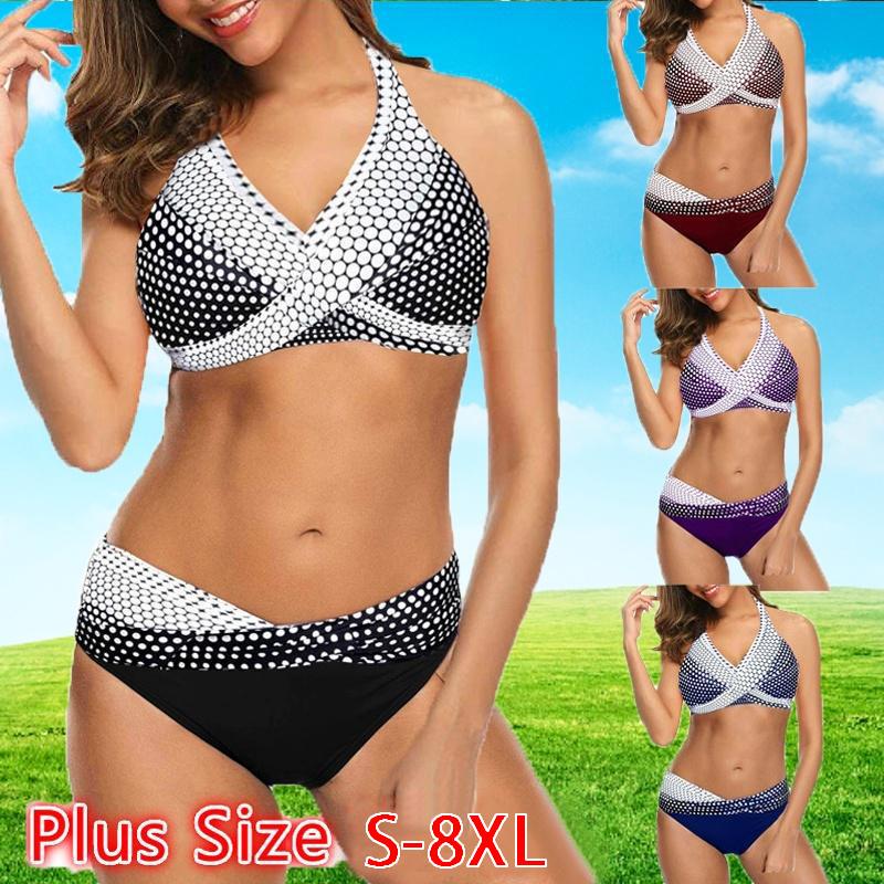 Beach Vacation Halter Neck Polka Dot Colorblock Bikini Swimsuit Set