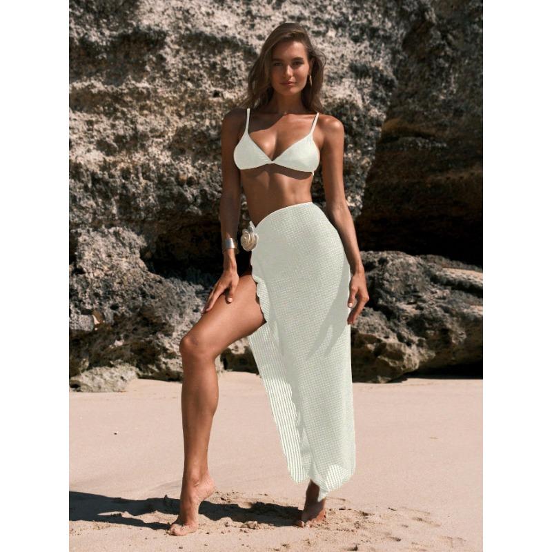 New Spice Girl niche long dress flower beach suit solid color bikini three-piece vacation swimsuit women