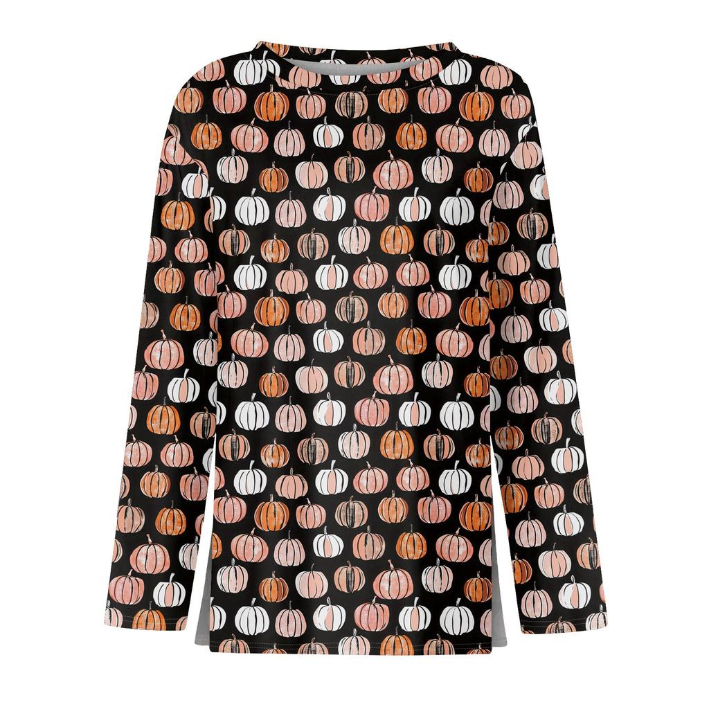 Damenmode Saumschlitz Lässig Halloween-Print Rundhals Langarm Oberteil