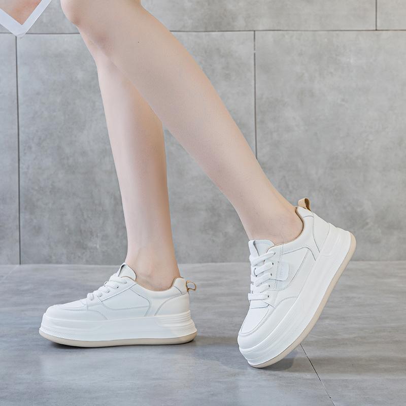 Thick soled white shoes, women's four season lace up versatile, student height increasing casual shoes, big toe wear-resistant sports board shoes