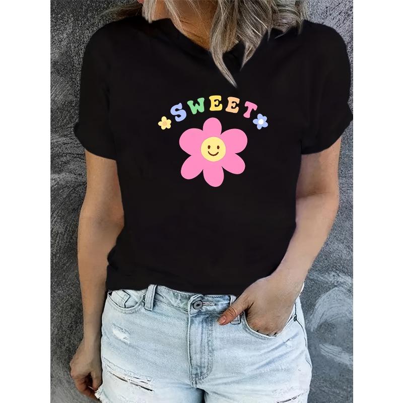 Fashionable Short-Sleeve Black T-Shirt for Women with a Sweet Floral Print S чёрный