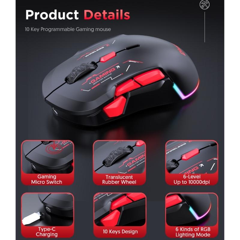 2.4G Wireless Mouse for Laptop Ergonomic Computer Mouse Adjustable 10000DPI 10 Button Cordless Mouse Wireless Mouse