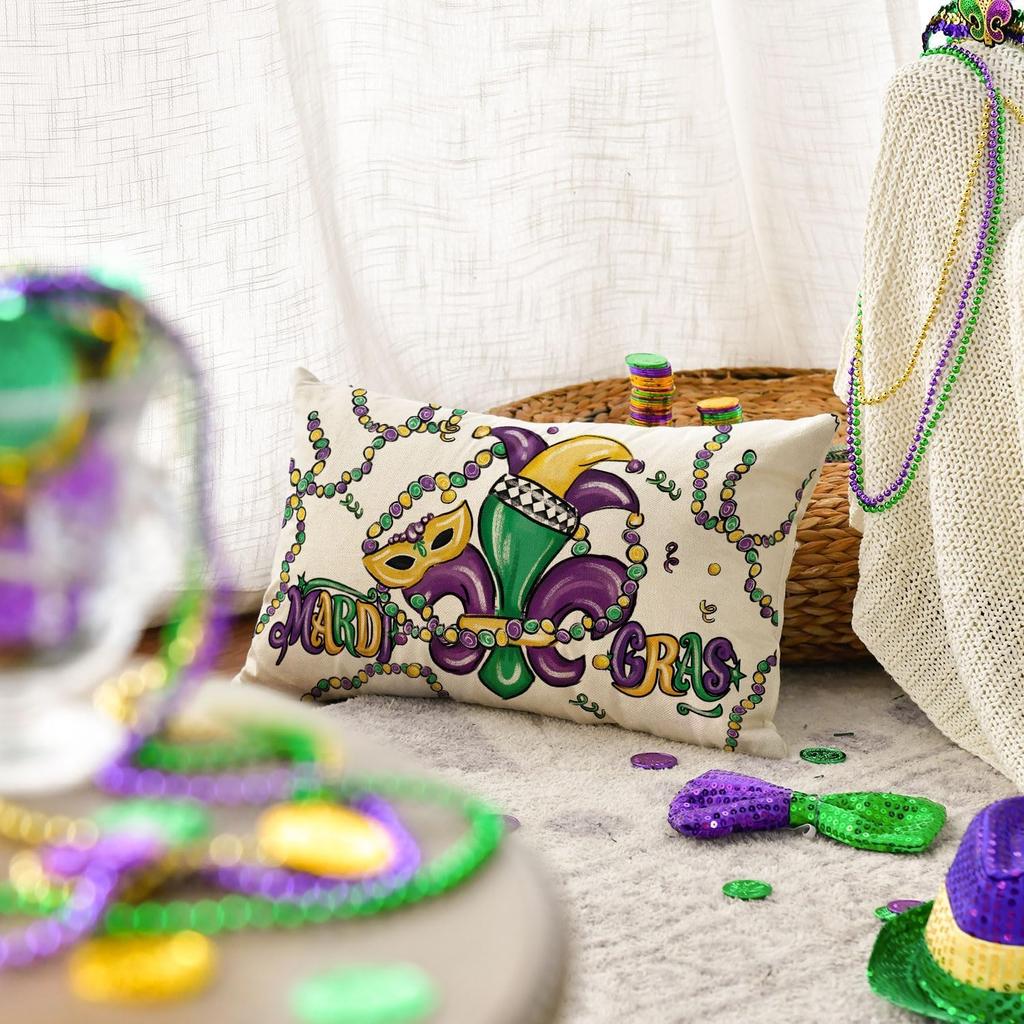 AVOIN Colorlife Mardi Gras Mask Fleur De Lis Beads Throw Pillow Cover, 12 X 20 Inch Carnival Happy Holiday Party Cushion Case Decoration for Sofa
