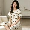 Simple Casual Style Cropped Pants Pajamas Women's Summer Suit Round Neck Short Sleeves Comfortable Imitation Cotton Large Size Women's Loungewear