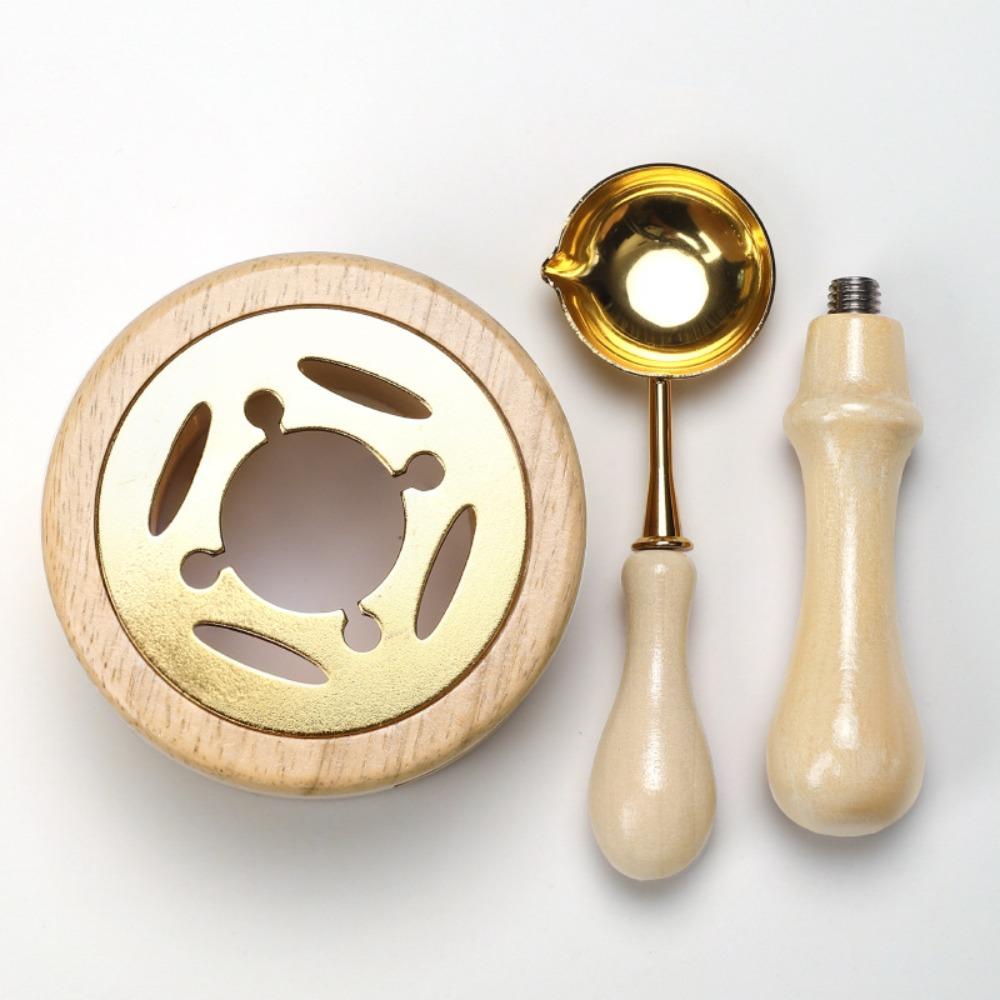 Solid Wood Wax Seal Set Vintage with Handle Wax Bead Melting Heater with Spoon Heating Stove Wax Melting Furnace for 2/3 Pcs