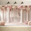 1pc floral elegant wedding background, romantic pink roses and elegant white columns, polyester wedding decorations