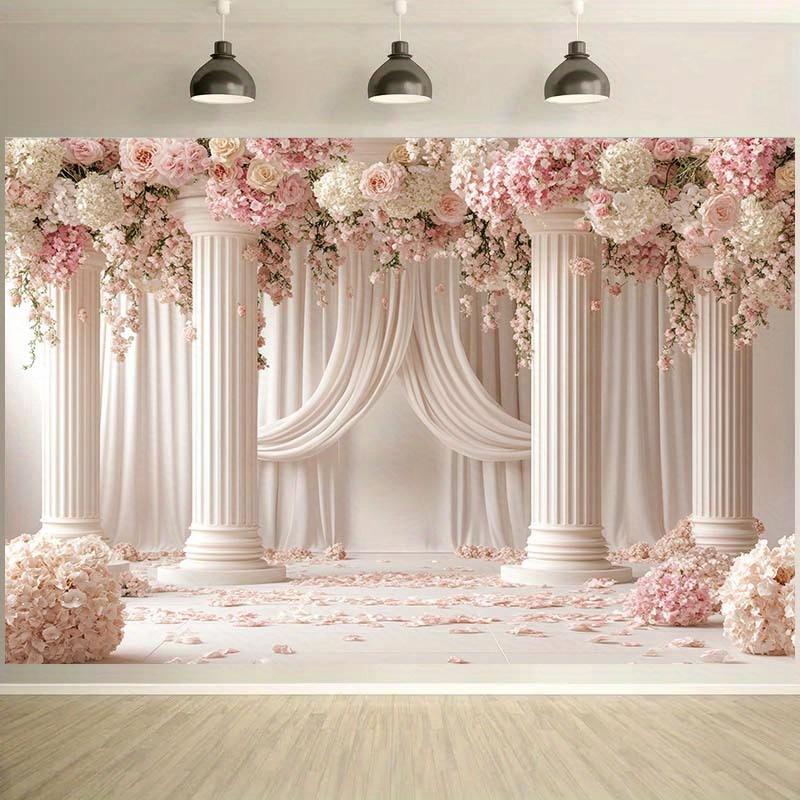 1pc floral elegant wedding background, romantic pink roses and elegant white columns, polyester wedding decorations