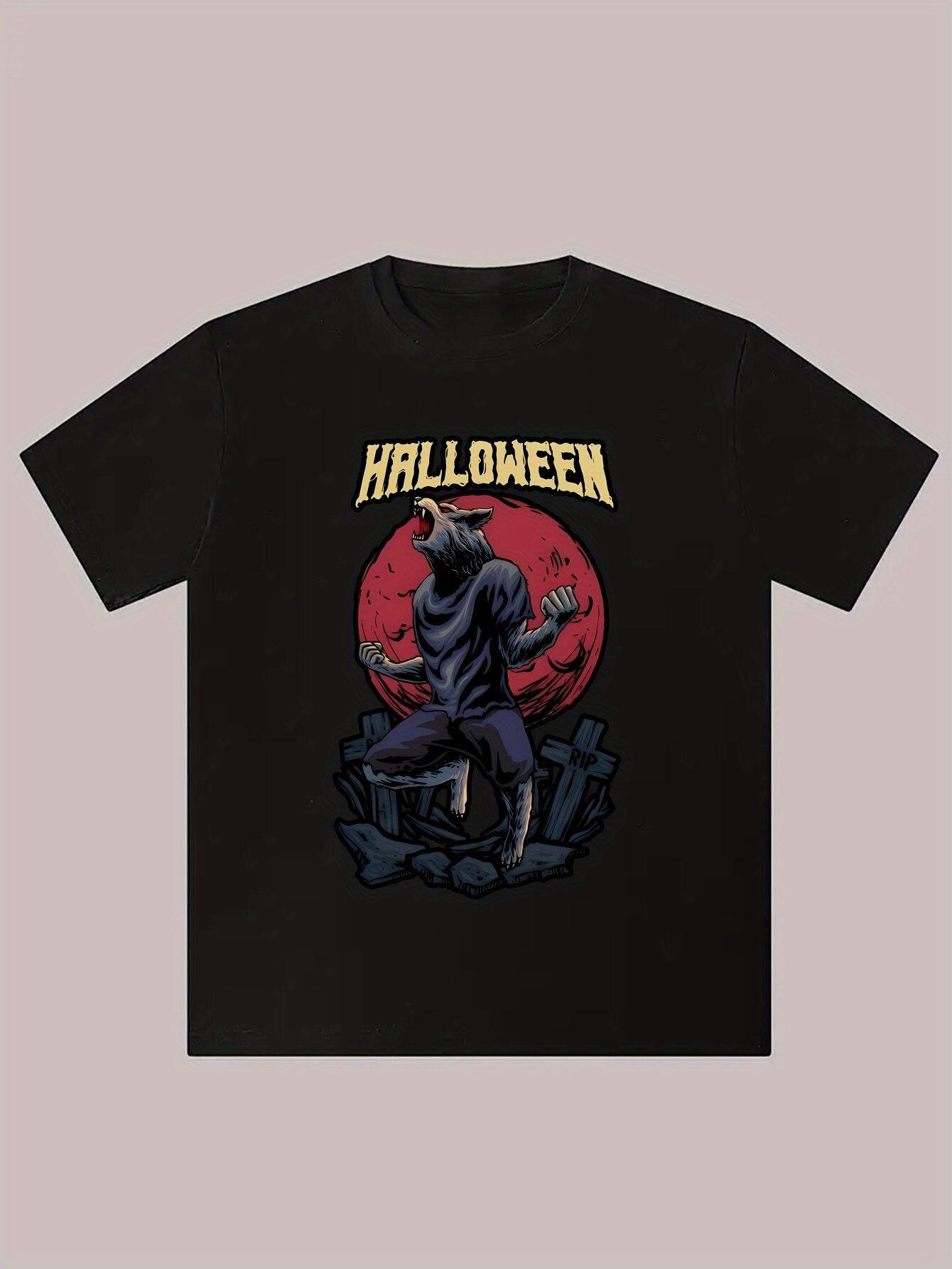 Halloween Werewolf Graphic T-shirt - Black Polyester Casual Summer Tee with Full Moon Design XXXXL