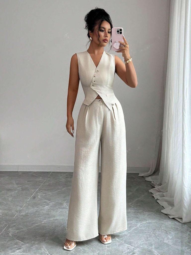 Women's Tie-Design Vest & Straight-Leg Pants Set