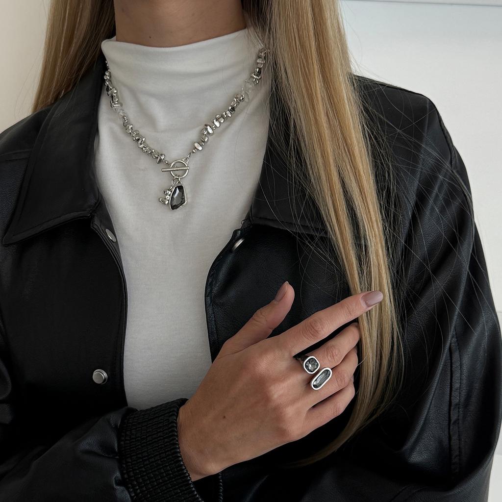 SHIXIN Lot de 2 pièces Ensemble Luxe Strass Acrylique Pendentif Collier Bague pour Femmes Charme Ouverture Réglable Ensemble Bijoux Accessoires
