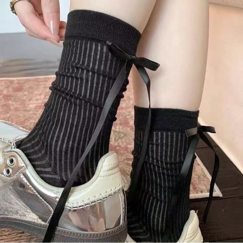 Autumn Ribbon Bow Socks, Women's Ballet-style Calf Socks, Sweet Pile Socks, College Style Thigh-high Socks