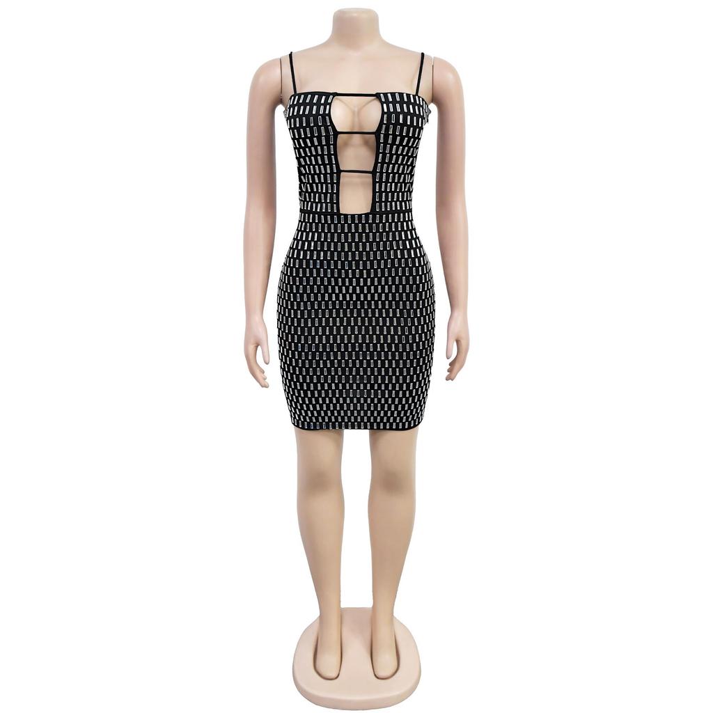 C7167 Vestido e Saia Curta Fashion Feminino Sexy Slim Fit com Pedrarias e Tiras