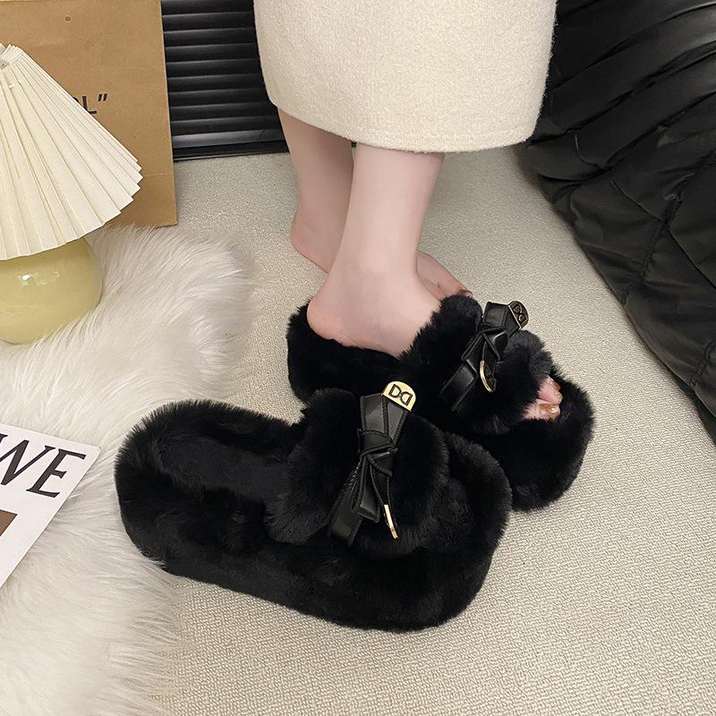 Klapki na wysokim grubym obcasie, puszyste, damskie, do noszenia na zewnątrz, jesień i zima 2025, nowa koreańska wersja, aksamitne, ciepłe, na grubej podeszwie, bawełniane