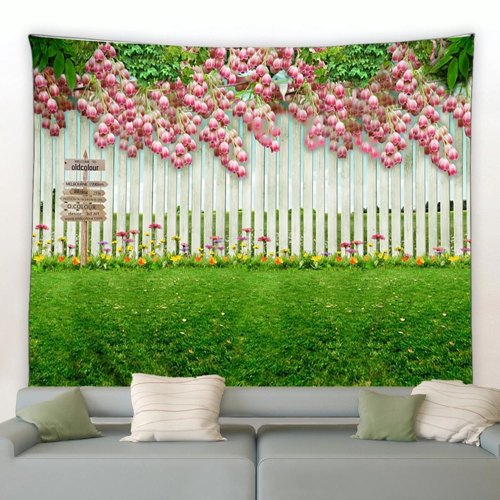 Spring Butterfly Flowers Tapestry Retro Wooden Fence Nature Pink Rose Plants Floral Wall Hanging Garden Home Decor Scenery Cloth