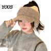 Soft Thick Warm Headwear Winter Visor Cap with Ear Flaps, Plush Beanies Brim, Open Top, Cozy Polyester Hat Cute Cat Ears Ponytail for Women