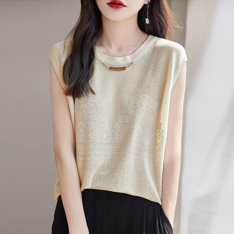 Temperament Sommer Neu Dünner Stil Eis Seide Damen O-Ausschnitt Einfarbig Jacquard Webart Kette Mode Elegant Ärmellos Locker Gestrickte Oberteile