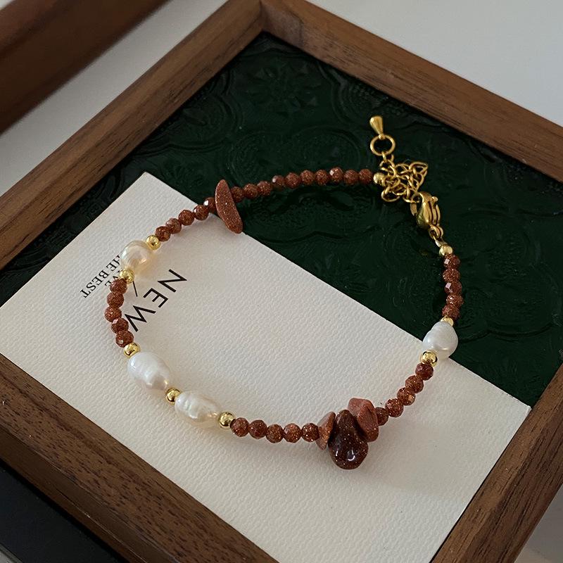 Ethnic Style Freshwater Pearl Necklace with Gold Sandstone Beads - High-End Sweater Chain Jewelry