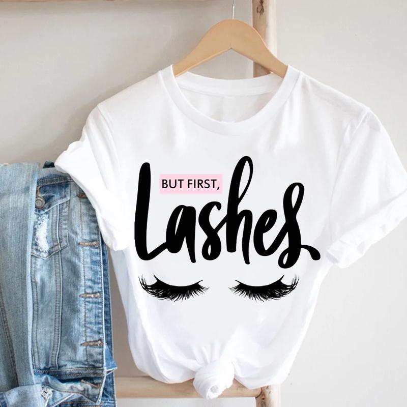 (European size)Eyelashes Women Summer Crown Eye Lashes Printing Fashion T-shirt Short Sleeve Lady Print Tee Top Female Clothing Casual Graphic T-shirt