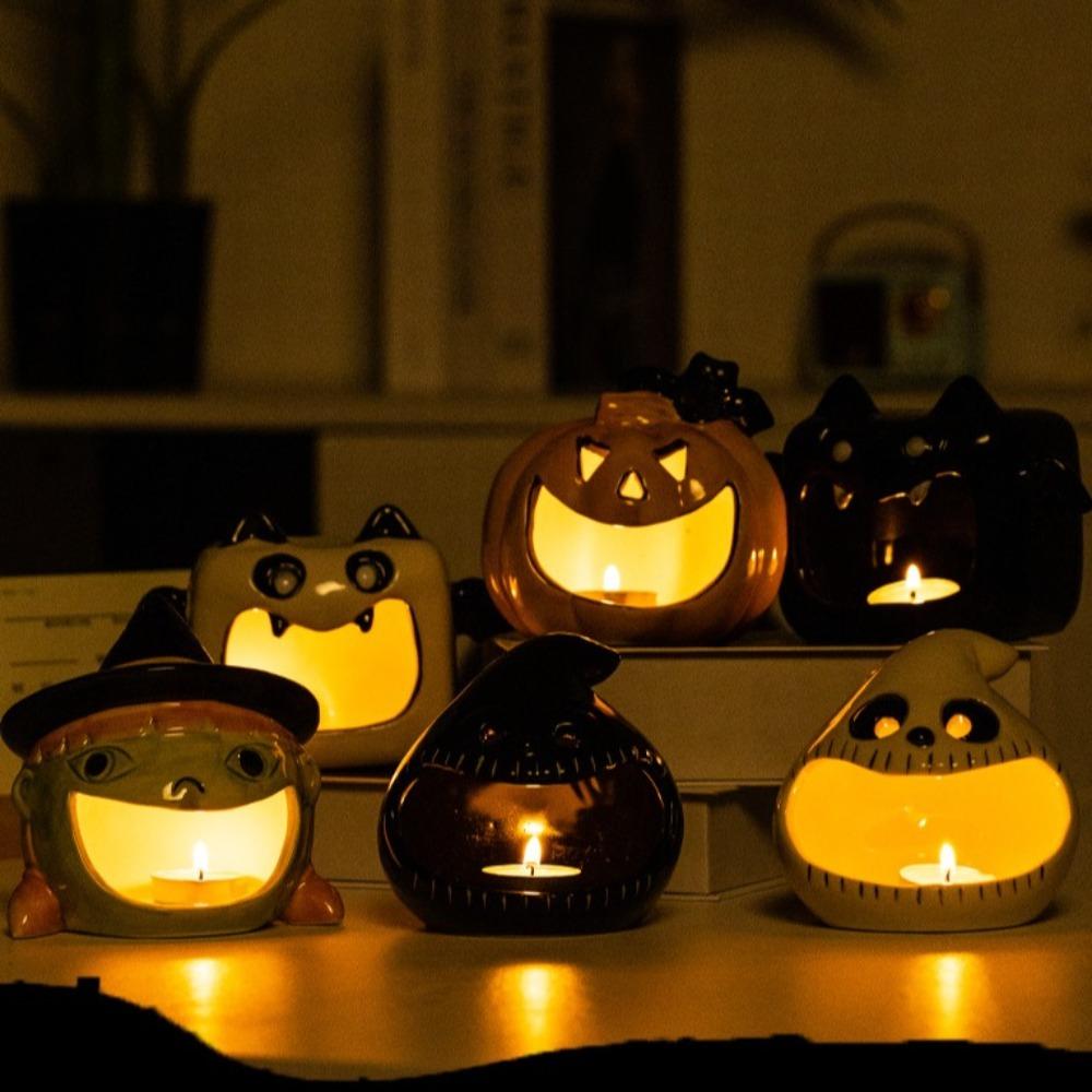 Cartoon Halloween Pumpkin Candlestick Ceramic Bat Candle Holder Cute Ghost Candlestick Bar