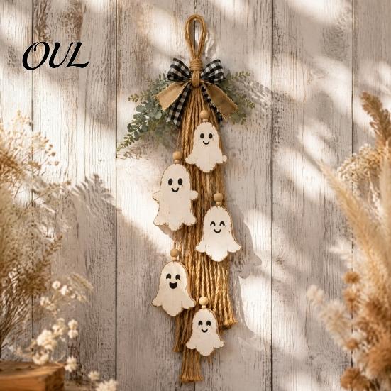 Cute Ghost Gift for Home Halloween Rustic Wall Hanging Decor with Wood Beads & Hemp Rope, Farmhouse Easy To Hang Porch Pendant Living Room Bedroom And