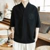 New Cotton Linen V-Neck Embroidered Loose Fashionable T-Shirt Chinese Style Large Size Seven-Sleeve Casual Male T-Shirt