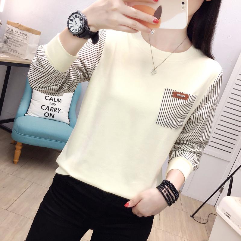 2025 Autumn Korean Simple Casual Striped Patchwork Loose Plus Size Round Neck Apricot Sweatshirt