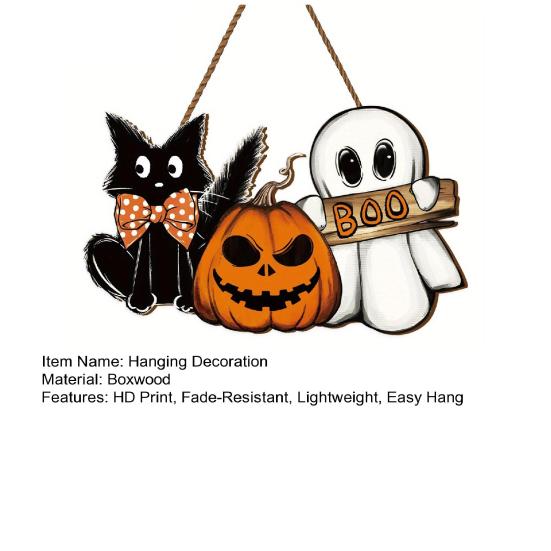 Wooden Hanging Signs Halloween Welcome Door Sign, Vintage Black Cat Jack-o-lantern Ghost Farmhouse Style Festive Ornaments Decoration, Horror Hangings