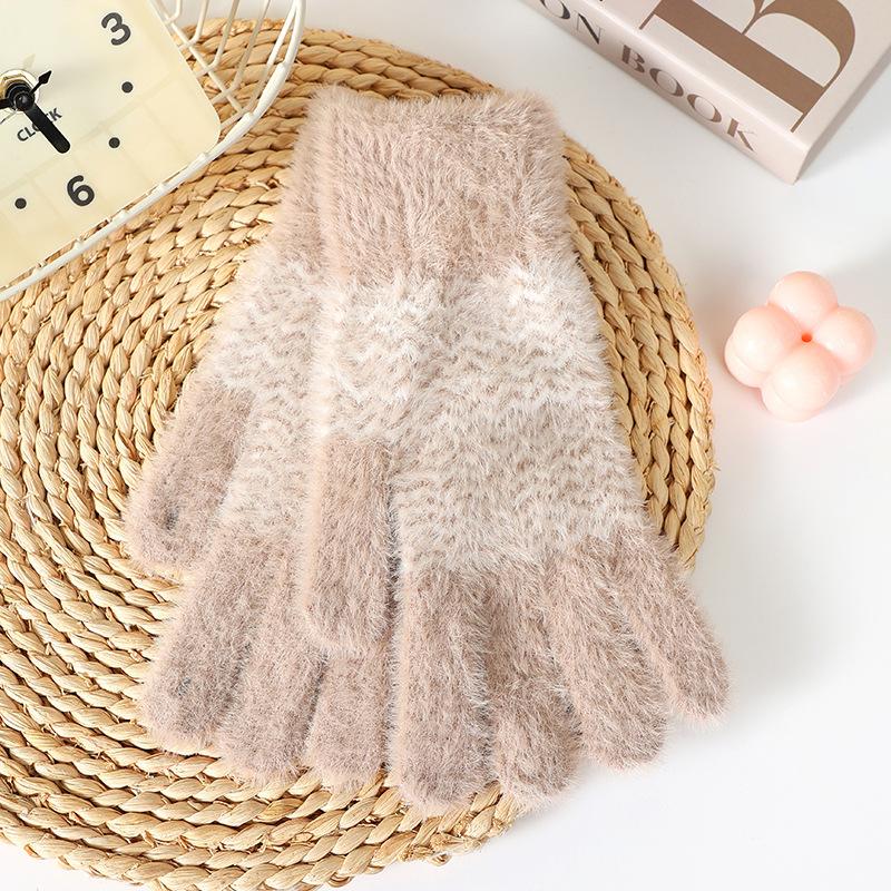Jacquard Knitted Gloves for Women, Cute In Winter, Thickened and Warm Five-finger Wool, Outdoor Riding In Autumn and Winter, Cold-proof