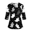 Women's Halloween Print Top V-Neck Three-Quarter Sleeve with Pockets Side Slits Costume Shirt