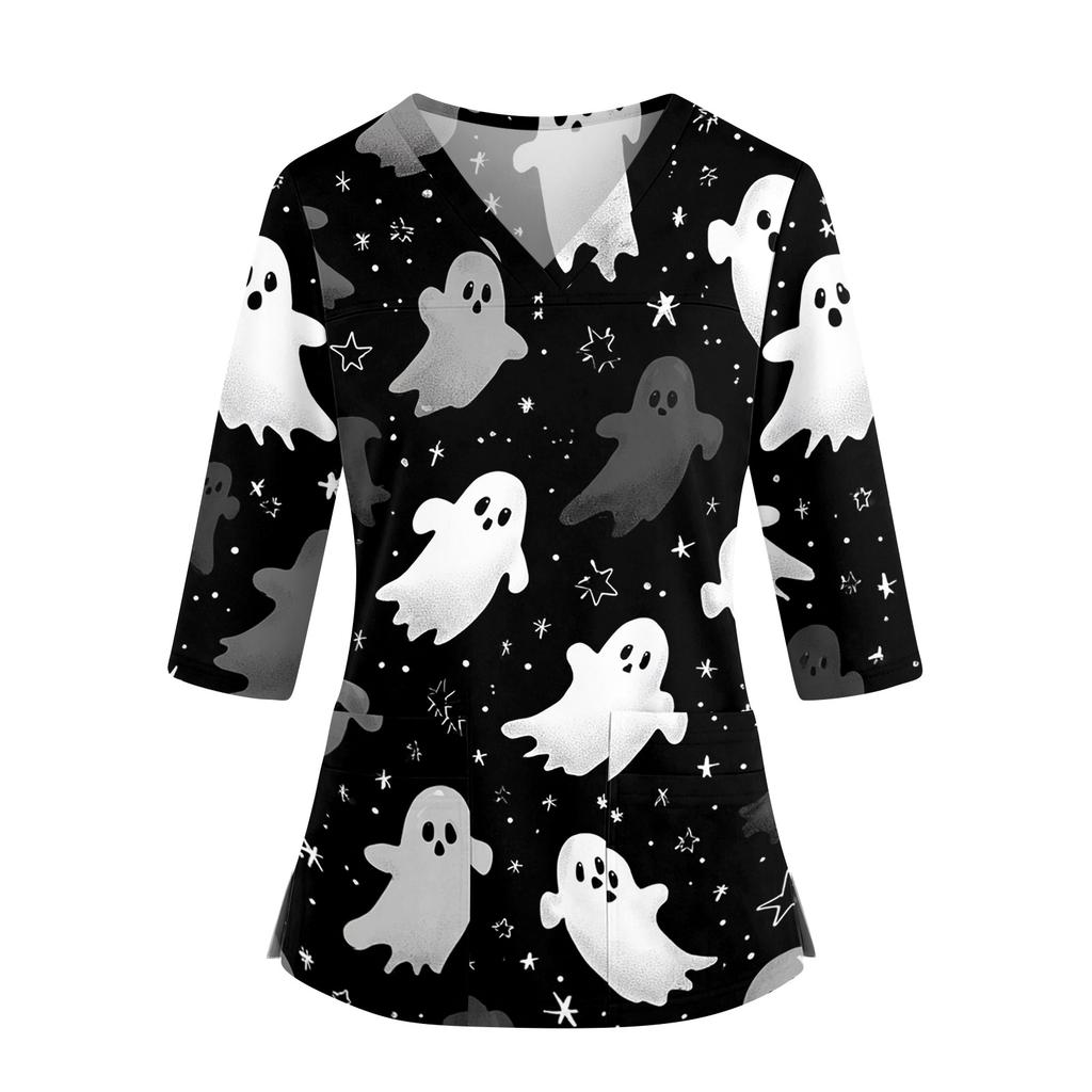 Women's Halloween Print Top V-Neck Three-Quarter Sleeve with Pockets Side Slits Costume Shirt