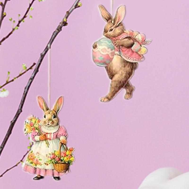 36pcs Easter Bunny Dangling Ornaments Retro Happy Easter Theme Wooden Tree Pendant Egg Rabbit Door Hangers Backdrop Decoration