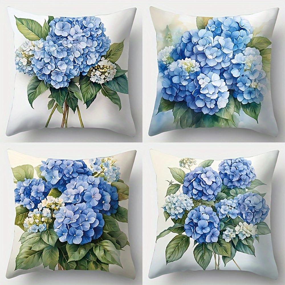 Blue Hydrangea Floral PillowcaseBedroom Sofa Decorative Cushion Cover With Zipper Soft Cushion Cover